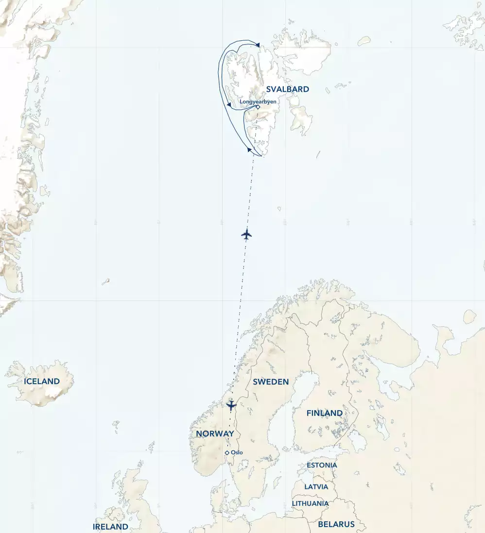 Route map of Svalbard in Spring cruise, cruising round-trip from Longyearbyen, with visits to sites along Spitsbergen's northern, western and southern coasts, bookended by charter flights connecting Oslo, Norway,