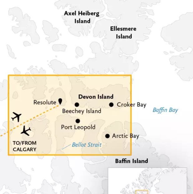 Route map of the Arctic Express Canada: The Heart of the Northwest Passage cruise, operating round-trip via charter flight from Calgary, with embarkation and disembarkation in Resolute, Canada, and visits to the heart of the Nunavut islands, including Baffin, Beechey and Devon.