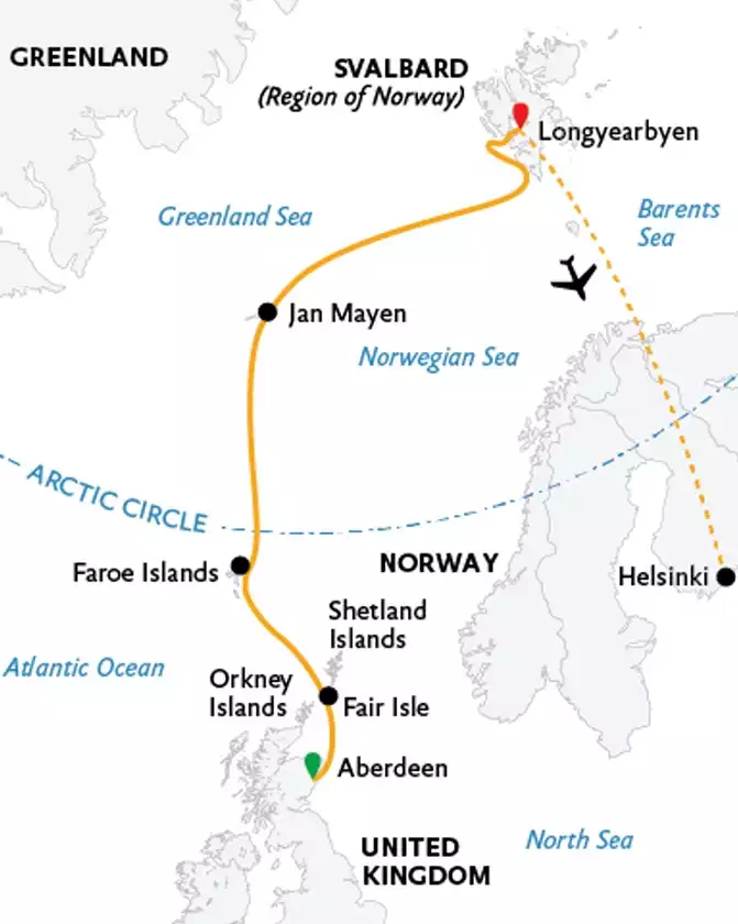 Route map of The Arctic Saga cruise, operating northbound from Aberdeen, Scotland, to Longyearbyen, Svalbard, ending with a charter flight to Helsinki, Finland.