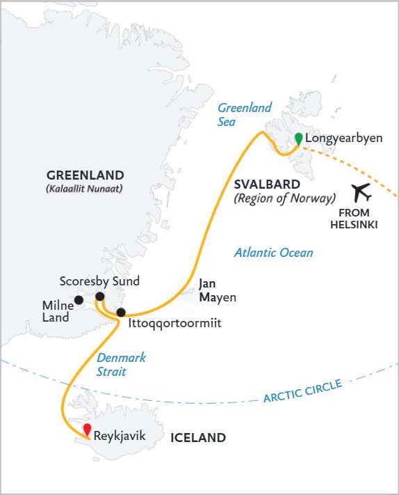 Route map for Four Arctic Islands Arctic cruise from Longyearbyen, Svalbard to Reykjavik, Iceland