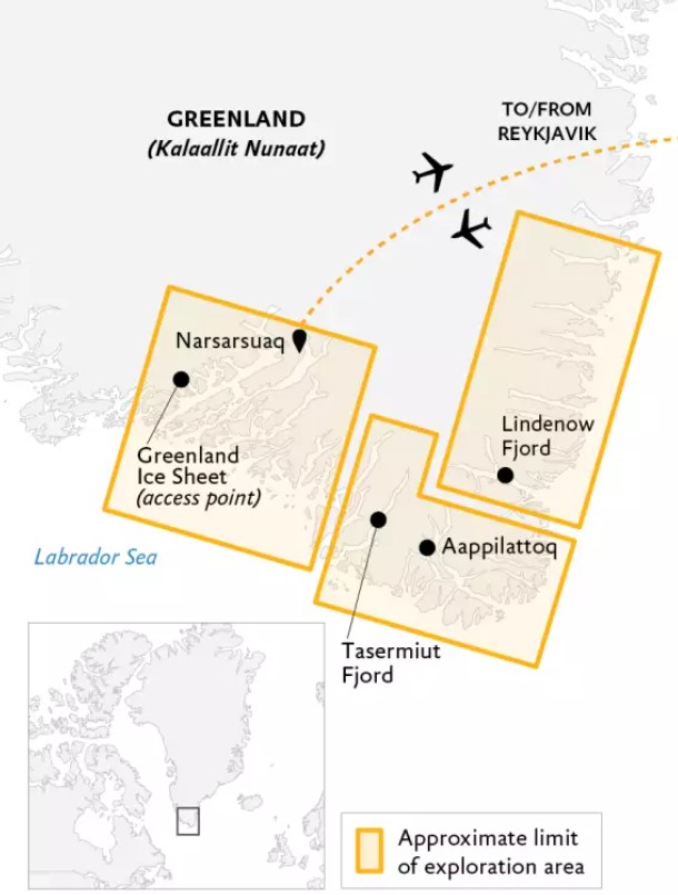 Route map of Greenland Explorer cruise, sailing round-trip from Narsarsuaq, south Greenland, with bookend charter flights connecting Reykjavik, Iceland.