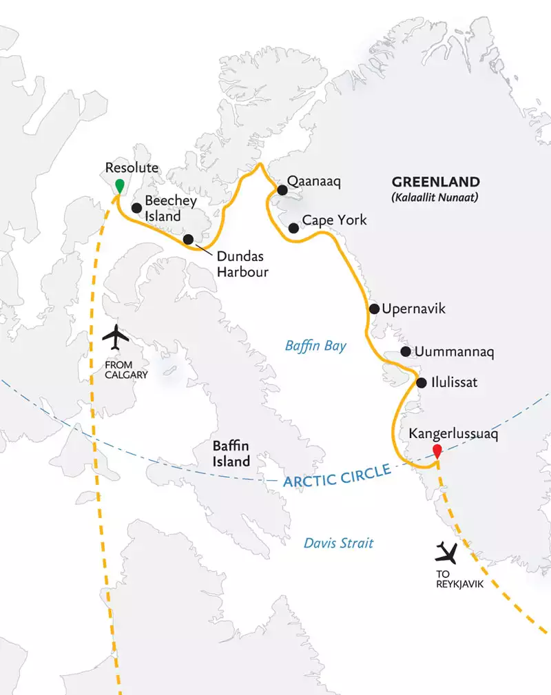 Route map of Northwest Passage: Epic High Arctic cruise from Resolute, Canada to Kangerlussuaq, Greenland, with bookend flights to start in Calgary and end in Reykjavik.