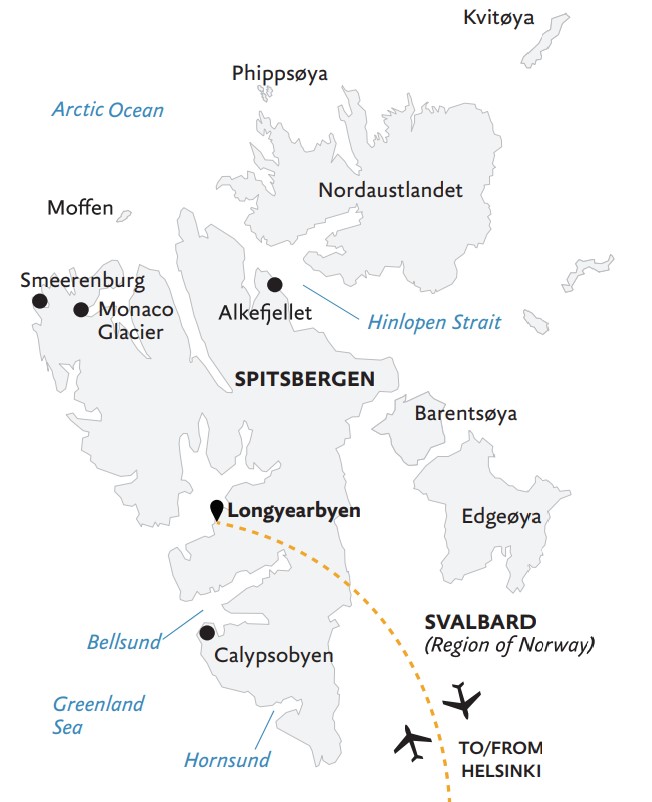 Route map of the Spitsbergen Photography cruise, round-trip from Helsinki, Finland with charter flights to and from Longyearbyen, Svalbard and no set route in Svalbard.