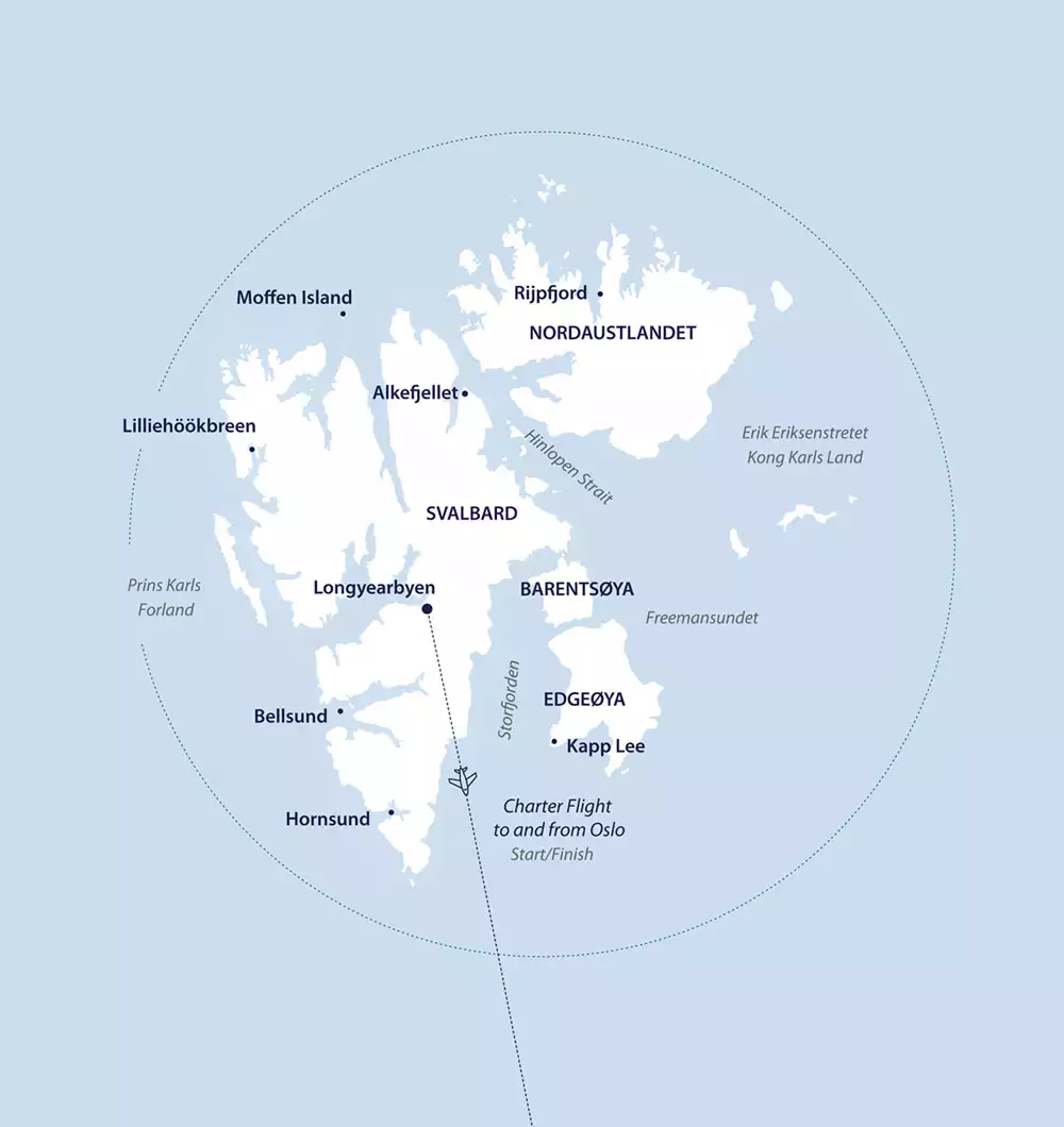 Route map of the Svalbard In Depth cruise round-trip from Longyearbyen, Svalbard, bookended by flights from/to Oslo, Norway.