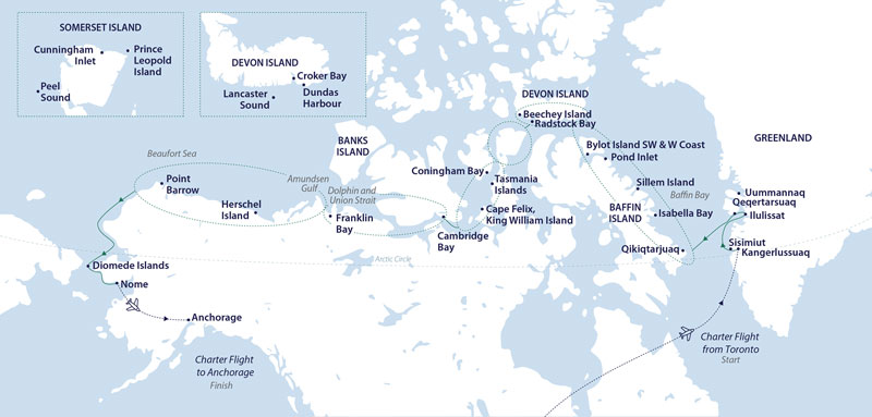 A white and blue colored map showing the path of the Complete Northwest Passage expedition from Toronto to Anchorage
