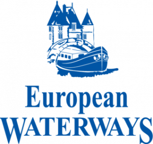 European Waterways logo showing a barge cruise ship with a castle behind in in the color blue