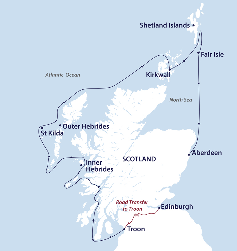 Route map of Wild Scotland cruise, operating from Edinburgh overland to embark in Troon, then up the west coast to the Shetland Islands before ending in Aberdeen on the east coast.