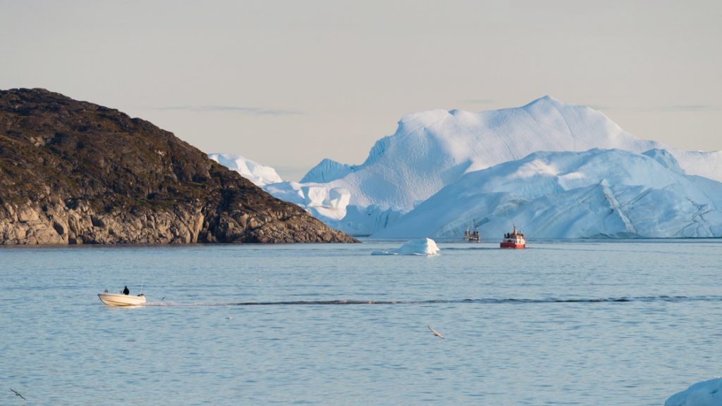 White day boat cruises calm water in morning light as red & white fishing boats troll beside large icebergs & rocky cliffs.