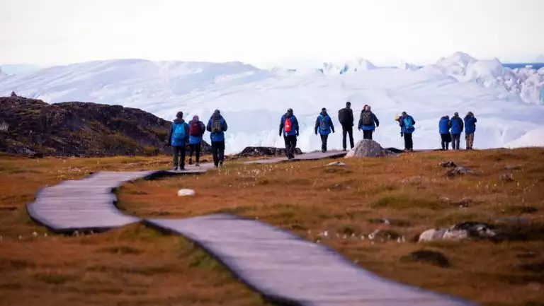 Greenland travelers walk a wooden boardwalk over golden tundra overlooking a large fjord with snowcapped mountains behind.