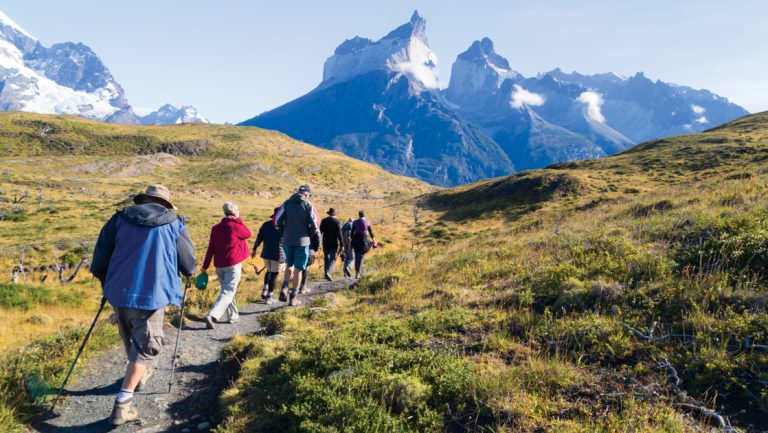 Small group of Patagonia & Chilean Fjords Cruise travelers walks a stone path among green tundra, toward tall mountains.