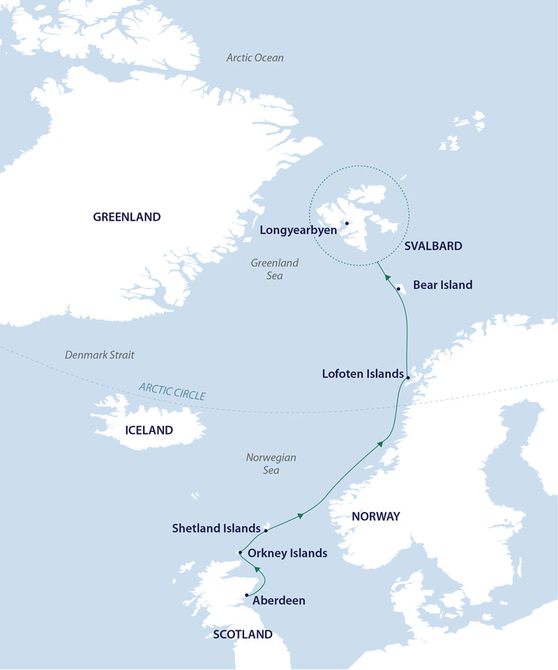 An illustrated map showing the path of the Across the Arctic Circle cruise from Aberdeen, Scotland to Longyearbyen.