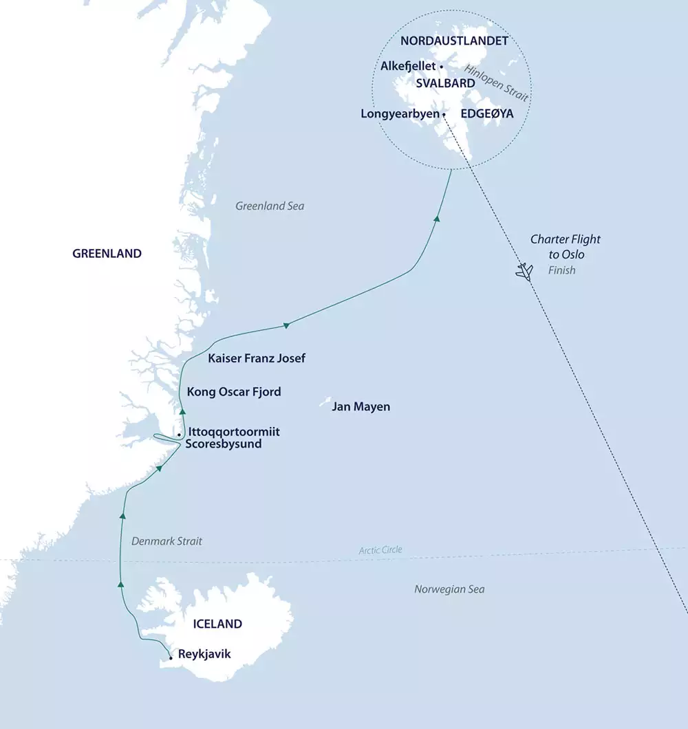 Route map showing the Arctic Complete sailing path from Iceland to Svalbard & ending in Oslo, Norway.