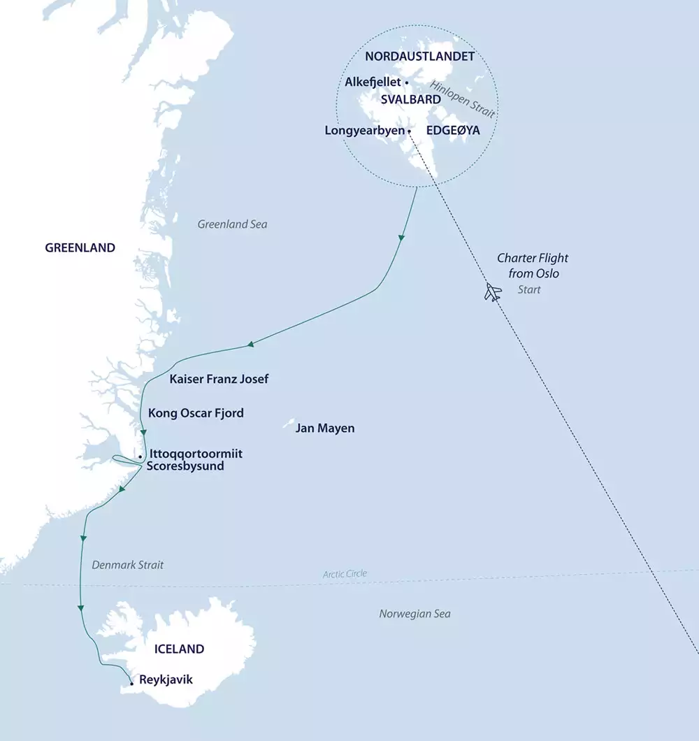 Route map showing the Arctic Complete sailing path from Svalbard to Iceland, starting with a charter flight from Oslo, Norway.