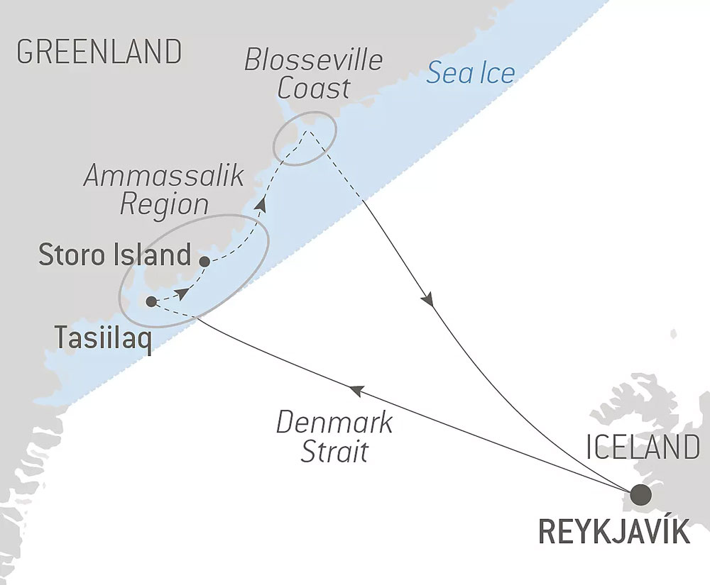 Route map of Inuit Spring in Ammassalik cruise round-trip from Reykjavik, Iceland with visits along the northeast Greenland coast.