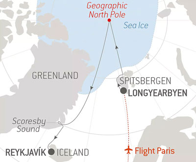 Route map of The Geographic North Pole & Scoresby Sound cruise on Le Commandant Charcot, starting with a flight from Paris, France to Longyearbyen, Spitsbergen, sailing north to the pole & south along Greenland before ending in Reykjavik, Iceland.
