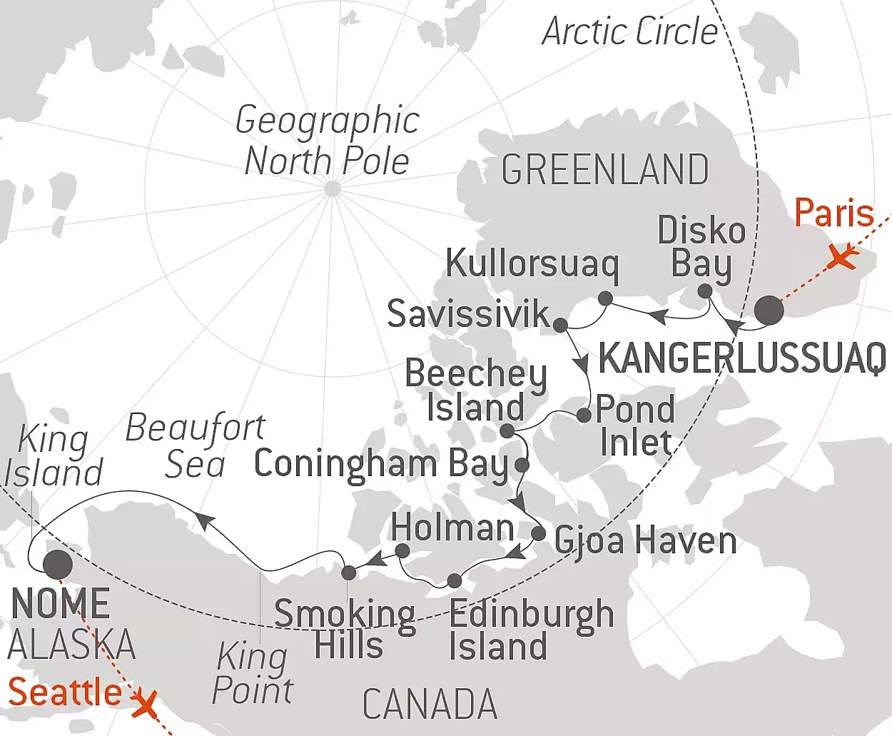 Route map of Northwest Passage, in The Wake of Roald Amundsen voyage from Kangerlussuaq, Greenland, to Nome, Alaska. Charter flights bookend this voyage, starting with a flight from Paris, France to meet the ship in Greenland, and ending with a flight from Nome, Alaska to end in Seattle, Washington.