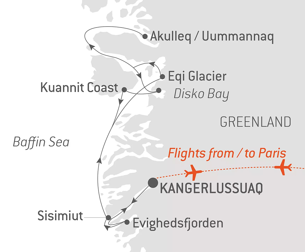 Route map of Disko Bay & Inuit Villages cruise round-trip from Kangerlussuaq with visits to Evighedsfjorden, Sisimiut, Eqi Glacier, Akulleq, Uummannaq, Disko Bay & Qeqertarsuaq, Greenland.
