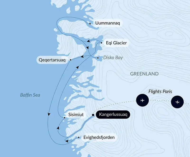 Route map of Disko Bay & Inuit Villages cruise round-trip from Kangerlussuaq with visits to Evighedsfjorden, Sisimiut, Eqi Glacier, Uummannaq, Disko Bay & Qeqertarsuaq, Greenland.