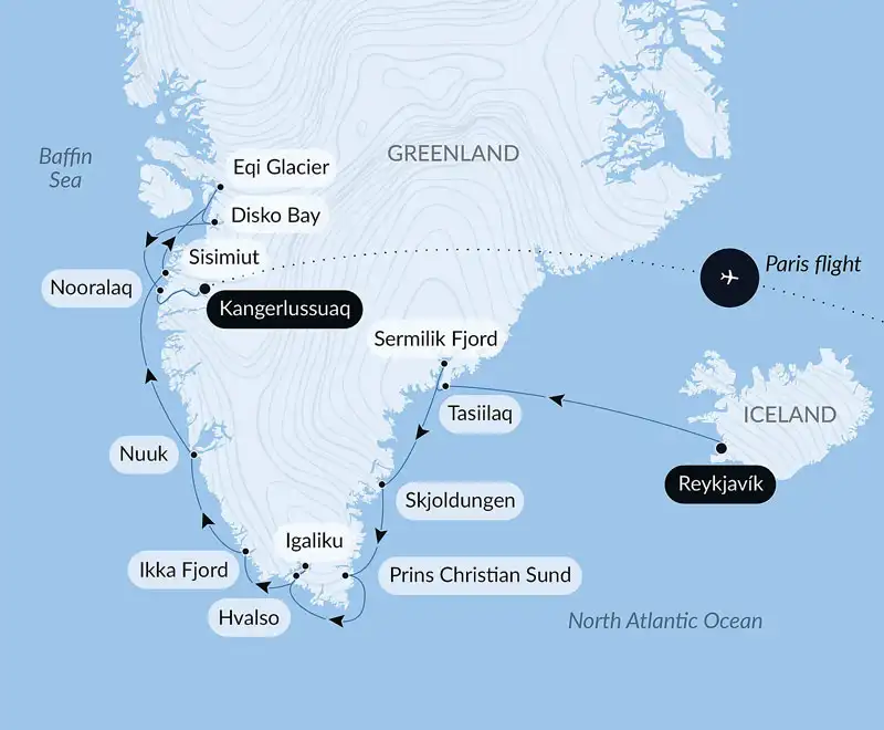 Route map of Expedition to The Ice Edge cruise from Reykjavik, Iceland to Kangerlussuaq, Greenland, ending with a flight to Paris, France.