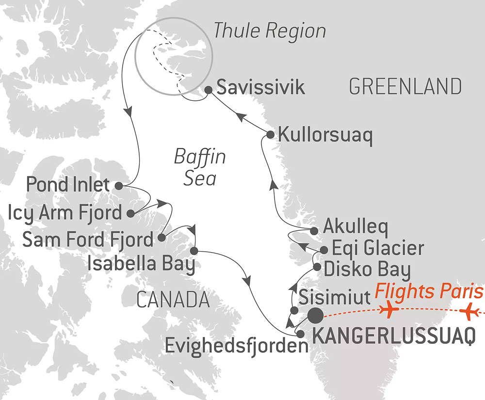 Route map of Expedition to The Thule Region cruise, operating round-trip from Kangerlussuaq, Greenland, with bookend flights connecting Paris, France.