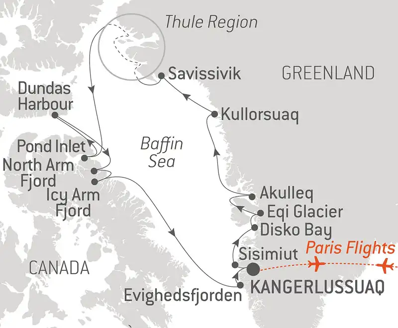 Route map of Expedition to The Thule Region cruise, operating round-trip from Kangerlussuaq, Greenland, with bookend flights connecting Paris, France.