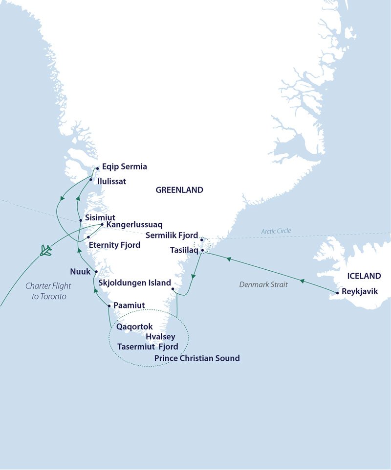Route map of Greenland Odyssey cruise, from Reykjavik, Iceland to Kangerlussuaq, Greenland, ending with a flight to Toronto, Canada.