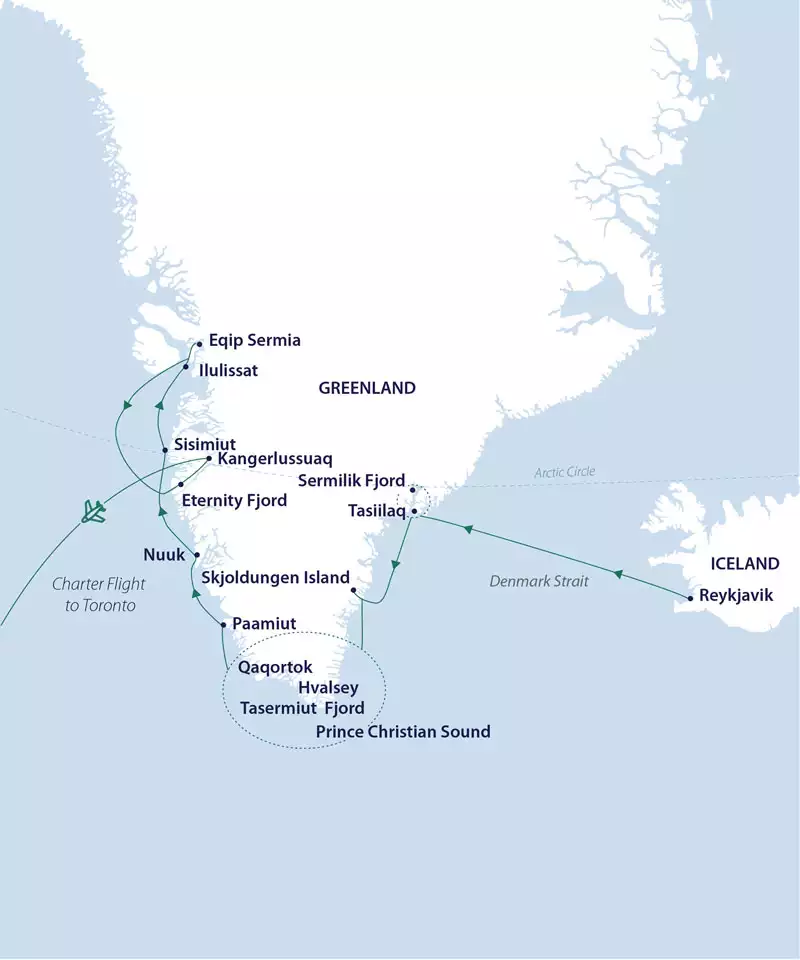 Route map of Greenland Odyssey cruise, from Reykjavik, Iceland to Kangerlussuaq, Greenland, ending with a flight to Toronto, Canada.