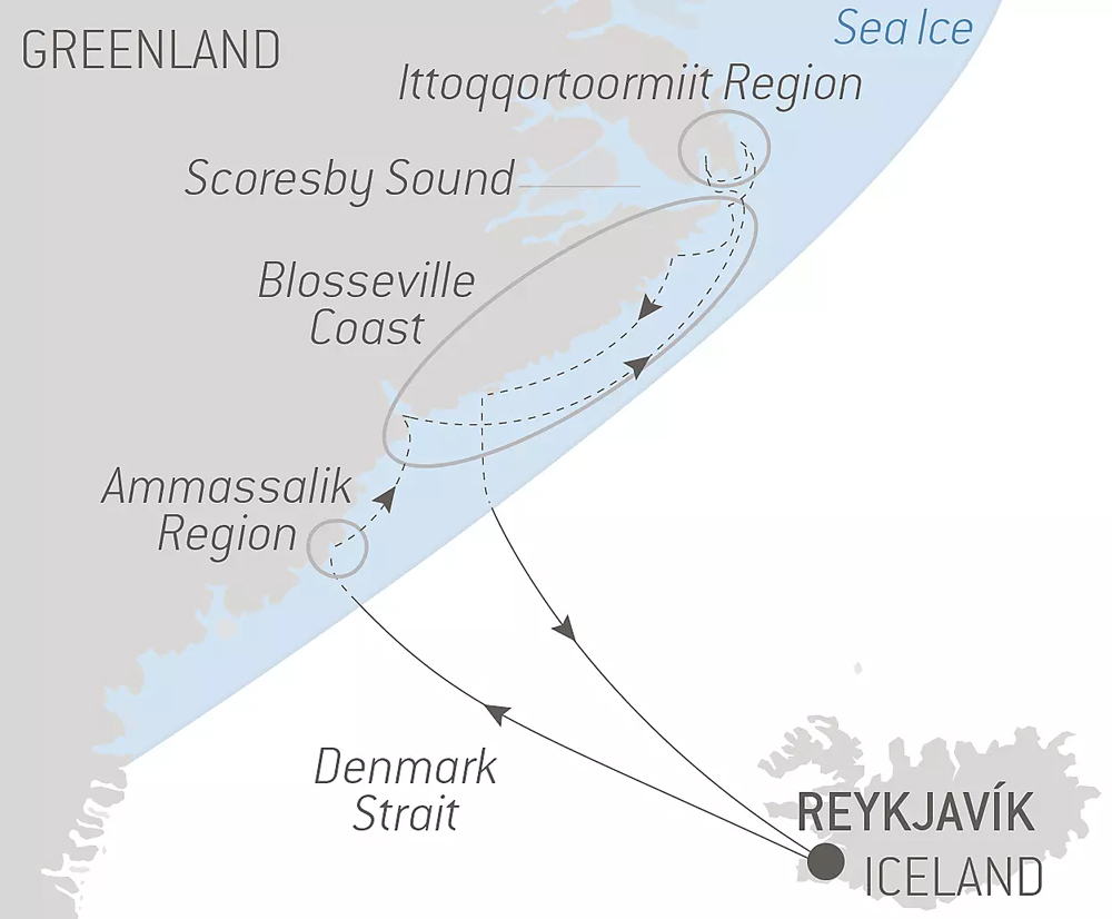 Route map of Inuit Spring at the Edge of Scoresby Sound cruise round-trip from Reykjavik, Iceland with visits along the northeast Greenland coast.
