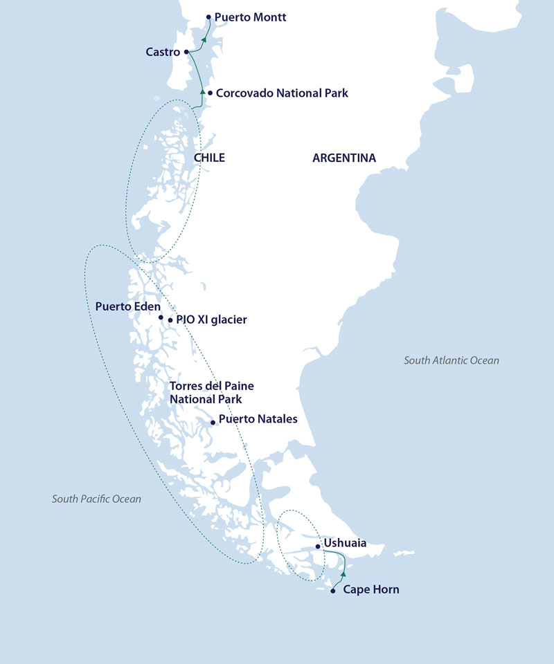 Route map of Patagonia & Chilean Fjords cruise along the entire coast of Chile, from Cape Horn to Ushuaia, Argentina & up to Puerto Montt.