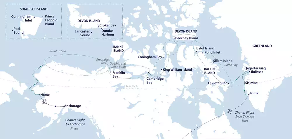 A white & blue map showing the path of the Traversing the Northwest Passage expedition from Toronto to Anchorage.