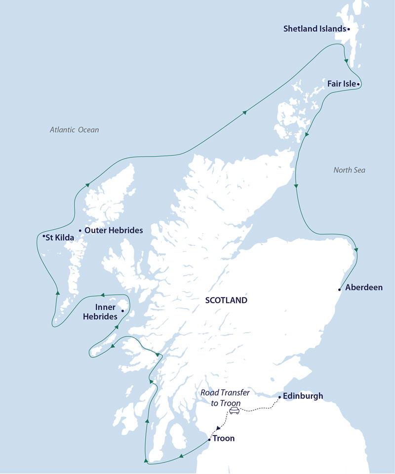 Route map of Wild Scotland cruise, operating from Edinburgh overland to embark in Troon, then up the west coast to the Shetland Islands before ending in Aberdeen on the east coast.