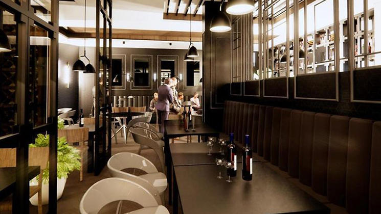 Rendering of restaurant at Hotel Reykjavik Saga with modern white chairs, dark wood tables & brown bench seating & wine on table.
