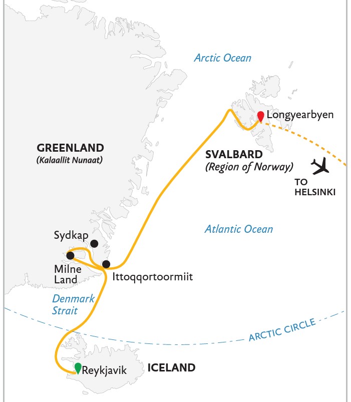 Route map for Three Arctic Islands northbound Arctic cruise from Reykjavik, Iceland to Longyearbyen, Svalbard.