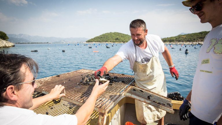 A man in an apron passes mussels to another man in sunglasses with the ocean behind them