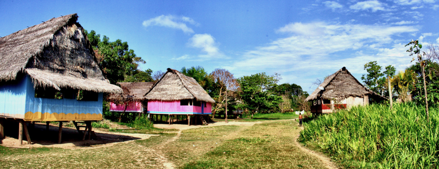 Brightly colored wood and thatch houses on stilts in a small local village of Pedro Miguel in the Peruvian Amazon. 