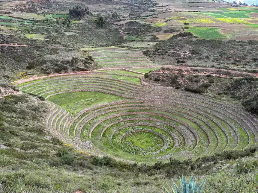 Moray. the famous Inca ruins in Sacred Valley composed of three groups of circular terraces with green grass.