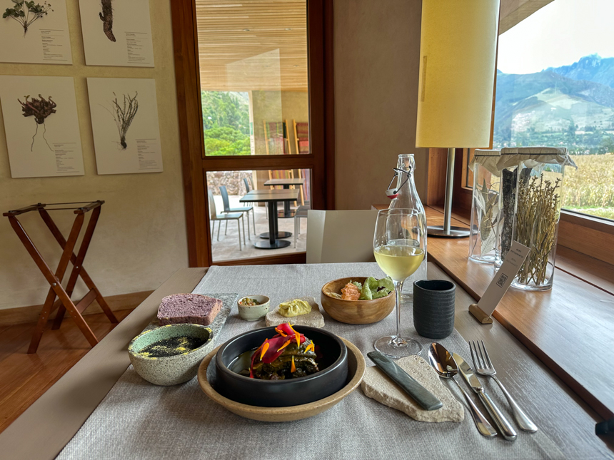 Dinner is served at Explora Sacred Valley Lodge. Natural bowls of multi course dinner and glass of white wine with window view