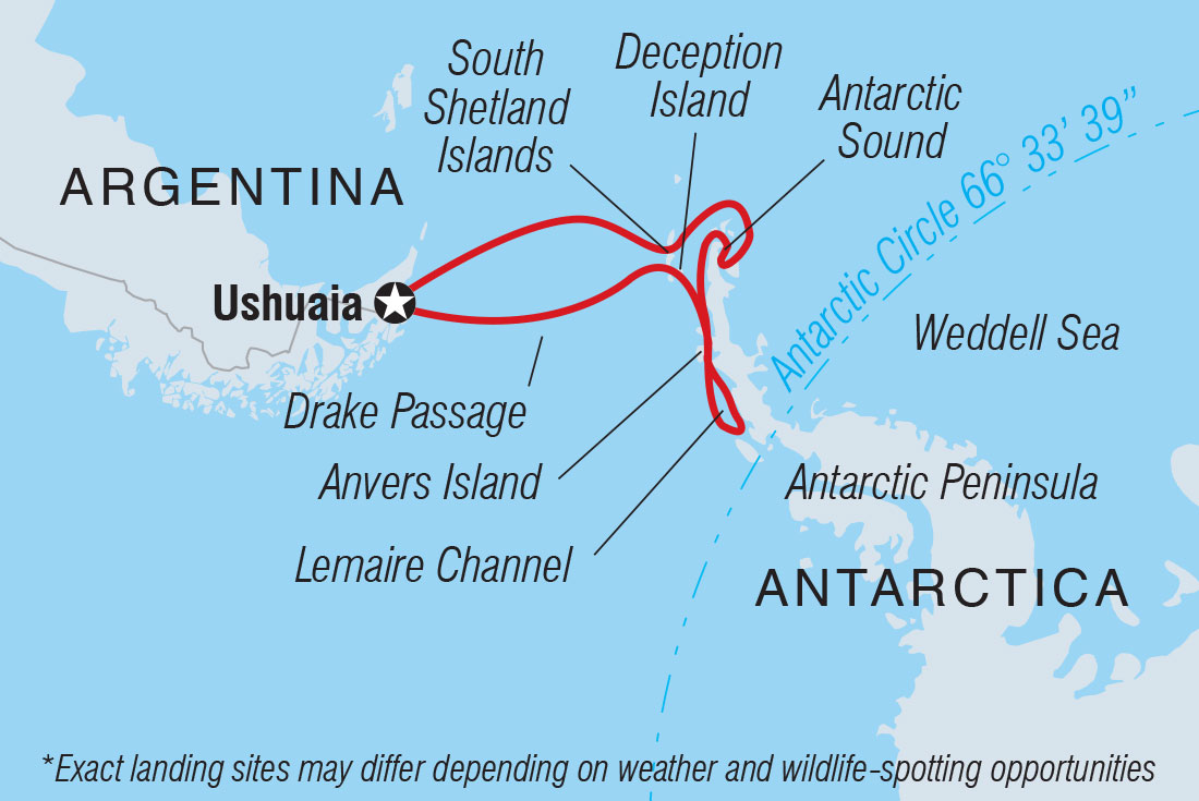 Route map of Best of Antarctica In Depth voyage, round-trip from Ushuaia, Argentina, with visits along the eastern and western sides of the Antarctic Peninsula.