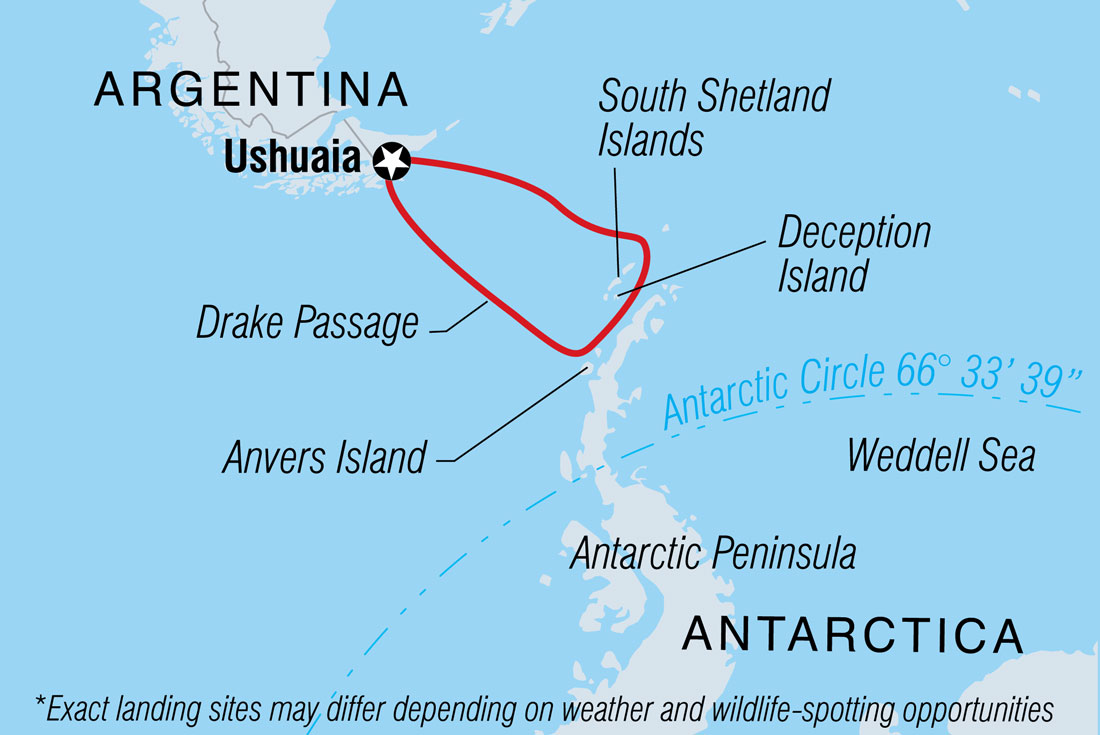 Route map of Best of Antarctica: Wildlife Explorer voyage, round-trip from Ushuaia, Argentina, with visits along the Antarctic Peninsula.