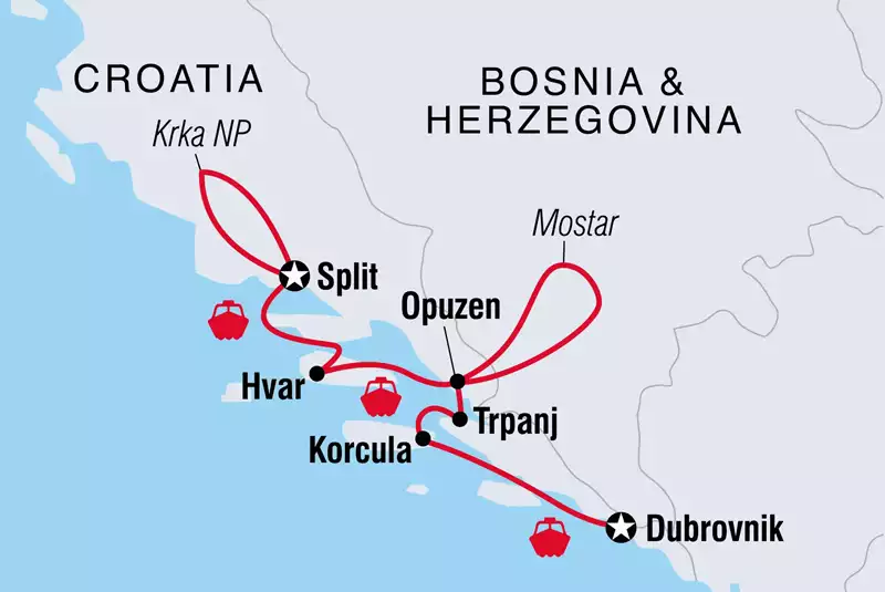 A red line showing the northbound route of Croatian Coastal Cruising from Dubrovnik to Split.
