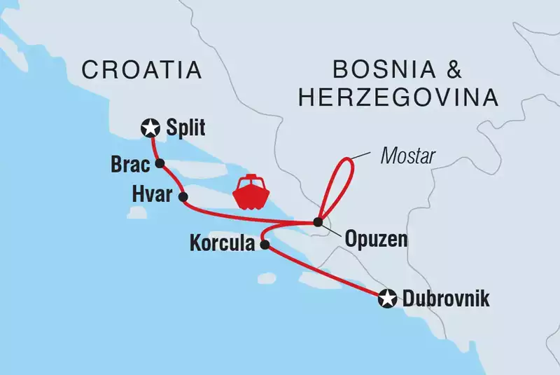 A red line showing the southbound route of Croatian Coastal Cruising from Split to Dubrovnik.