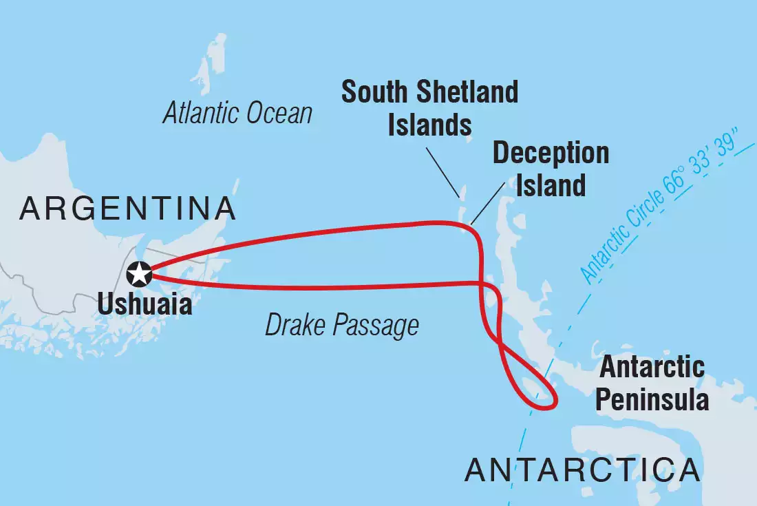 Route map of Journey to the Antarctic Circle voyage by Intrepid Antarctica, round-trip from Ushuaia, Argentina with visits along the western Peninsula, South Shetland Islands & the Circle.