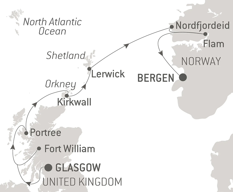 Route map of northbound Scottish Isles & Norwegian Fjords Voyage with Smithsonian Journeys from Glasgow, Scotland to Bergen, Norway with visits to Norway's Nordfjordeid (or Olden) & Flam & Scotland's Lerwick, Kirkwall, Portree & Fort William.