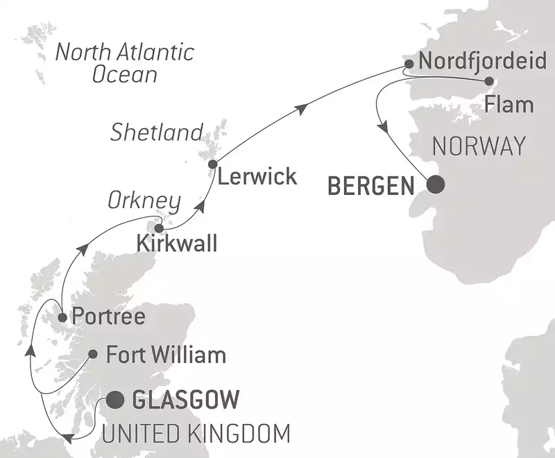 Route map of northbound Scottish Isles & Norwegian Fjords Voyage with Smithsonian Journeys from Glasgow, Scotland to Bergen, Norway with visits to Norway's Nordfjordeid (or Olden) & Flam & Scotland's Lerwick, Kirkwall, Portree & Fort William.