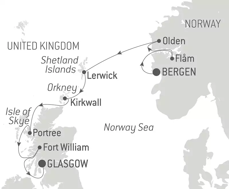 Route map of southbound Scottish Isles & Norwegian Fjords Voyage with Smithsonian Journeys from Bergen, Norway to Glasgow, Scotland with visits to Norway's Olden & Flam & Scotland's Lerwick, Kirkwall, Portree & Fort William.