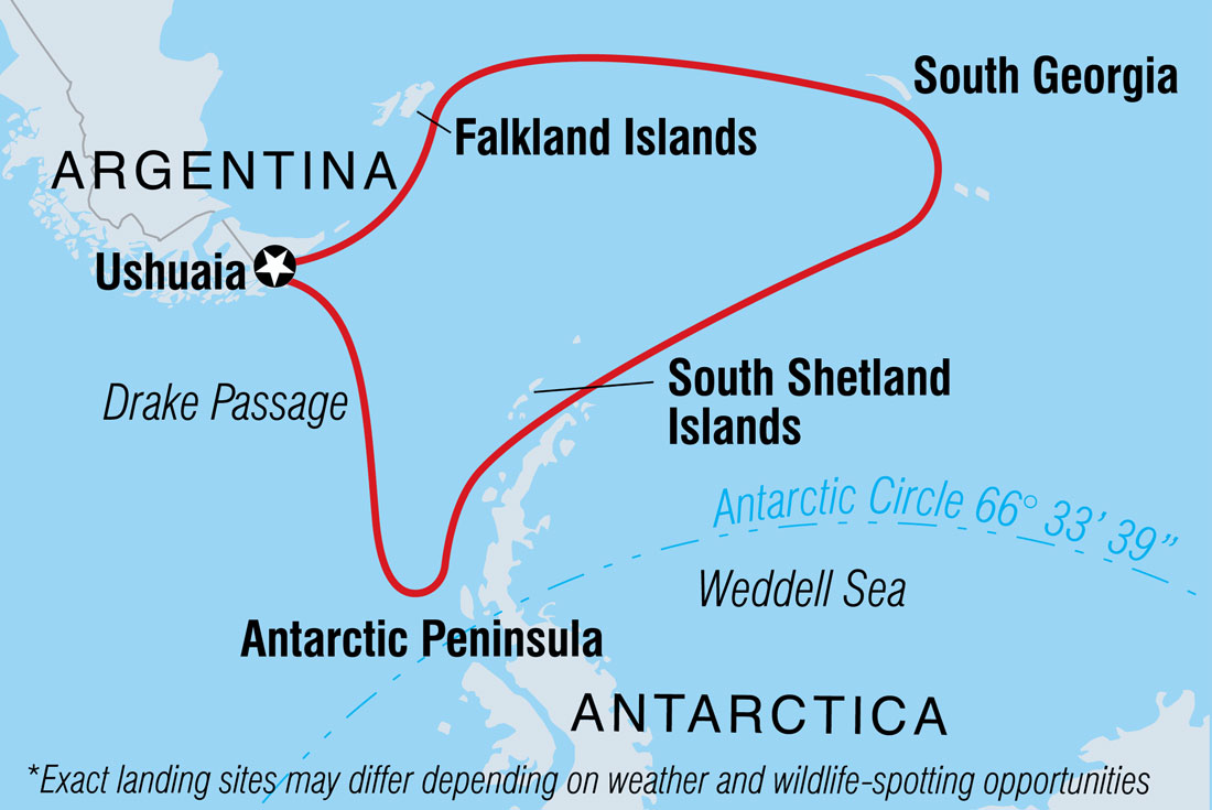 Route map of Shackleton's Antarctica, South Georgia & Falklands Explorer cruise, round-trip from Ushuaia, Argentina.