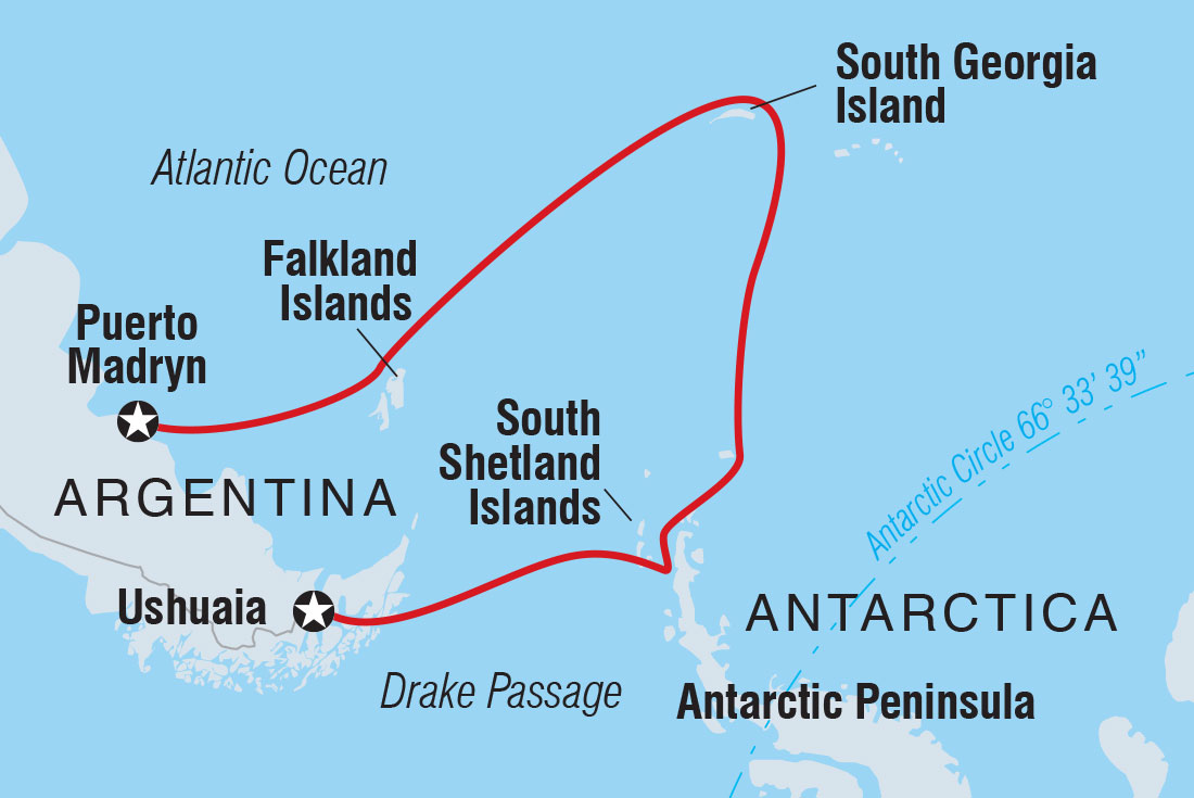 Route map of Shackleton's Falklands, South Georgia & Antarctica Expedition cruise, from Puerto Madryn to Ushuaia, Argentina.
