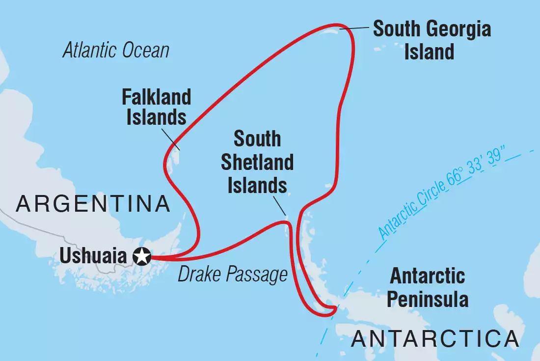 Route map of Ultimate Antarctica, Falklands, South Georgia & Antarctic Circle voyage, sailing round-trip from Ushuaia, Argentina.