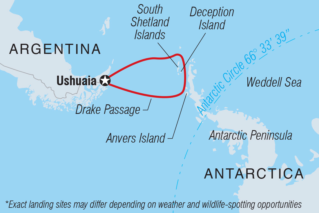 Route map of WWF Giants of Antarctica voyage, round-trip from Ushuaia, Argentina, with visits along the Antarctic Peninsula.