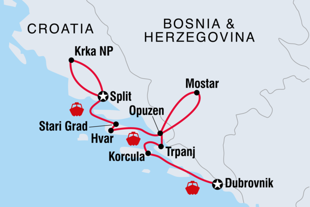 Map showing a red line where the Croatian Coastal Cruise sails between Split and Dubrovnik